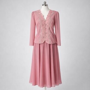 Vintage 80s Benee Pink Beaded Lace Jacket Skirt Suit Set